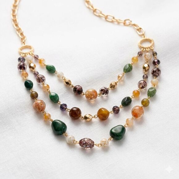 Studio 1886 Jewelry - Studio 1886 Bohemian Multi-Strand Gemstone Statement Necklace Gold With Earrings